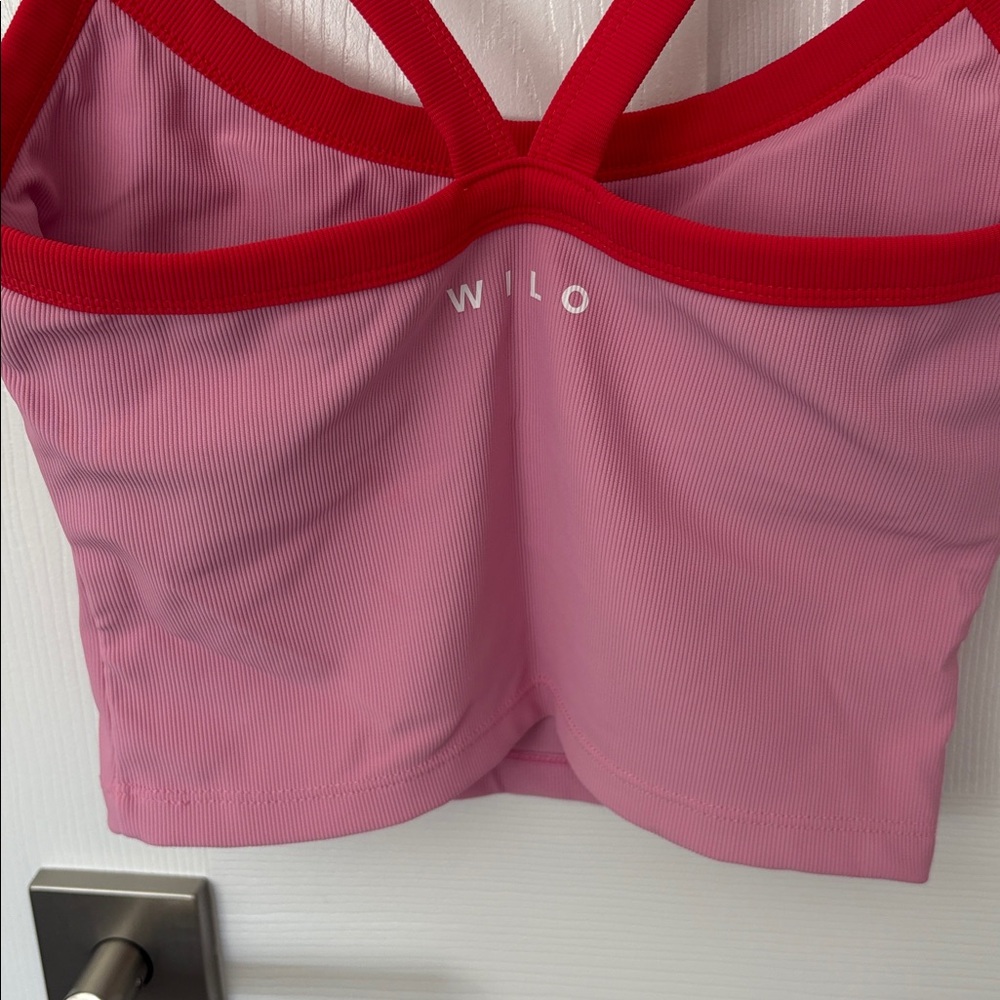 Willow Pink One-Piece Swimsuit with Red Trim and Matching Pink Swim Shorts - Picture 4 of 4